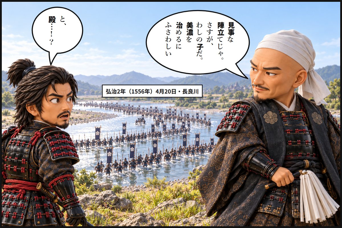 長良川のほとりで、鎧に白い頭巾の斎藤道三が川を渡ってくる義龍の軍をながめて感心し、家臣がおどろく漫画のコマ