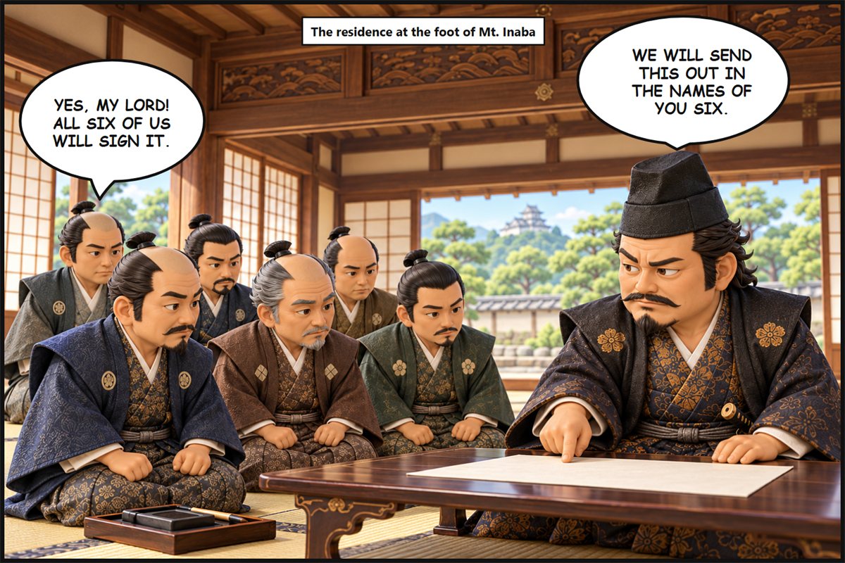 Manga panel. In the hall of a residence, Saitō Yoshitatsu points to a document on a low desk and says to six senior retainers, 'We will send this out in the names of you six.' A retainer answers, 'Yes, my lord! All six of us will sign it.'
