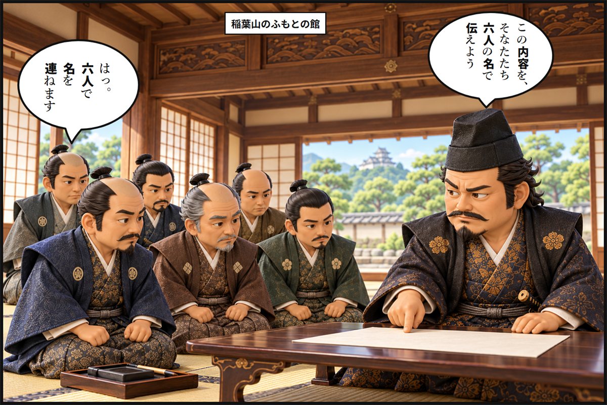 館の広間で、斎藤義龍が文机の書状を指し、6人の重臣たちと連名の文書をととのえる漫画のコマ