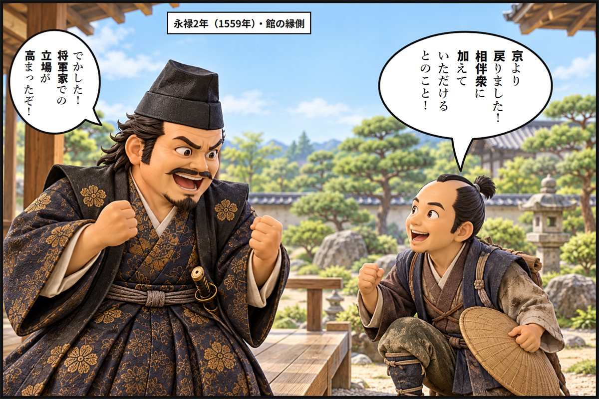 京都から戻った旅姿の使いが庭で報告し、縁側の斎藤義龍がこぶしをにぎって大喜びする漫画のコマ