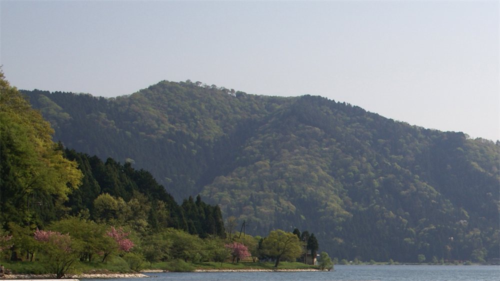 余呉湖の岸から見た、木々におおわれた賤ヶ岳の山