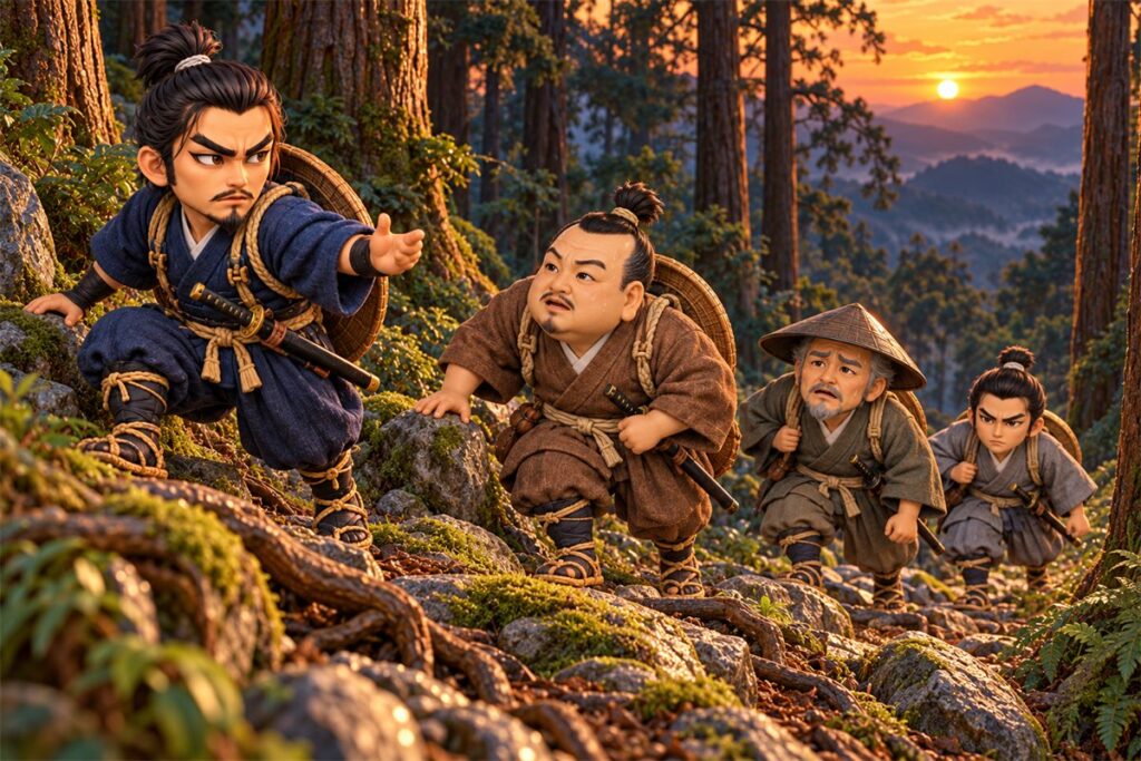 夕方の杉林の山道を急いでのぼる、旅姿の徳川家康と本多忠勝たち（伊賀越え）