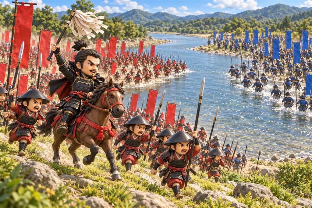 川をはさんで左右から進む2つの軍勢と、馬に乗って采配をふる武将と足軽たち