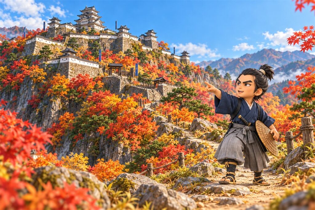 紅葉の山の上に建つ山城を、坂道から指さして見上げる若い侍