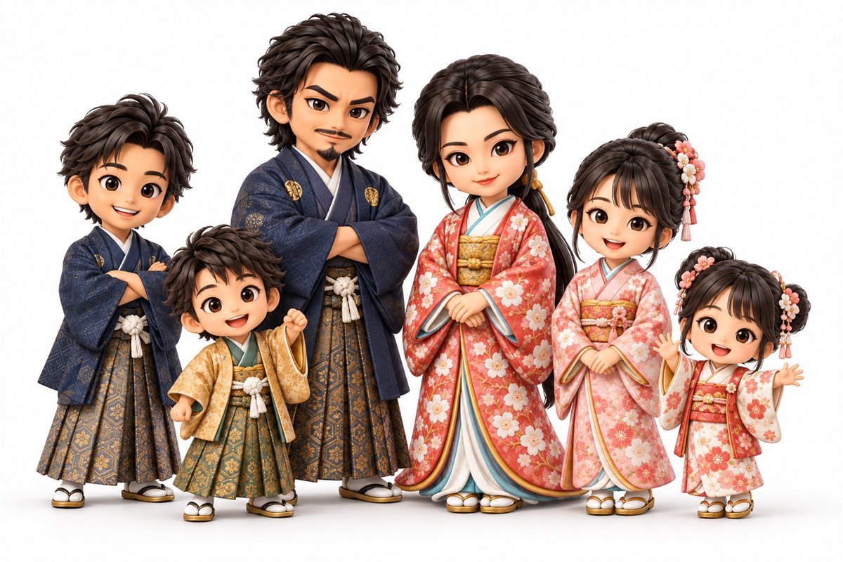 着物姿の前田利家とまつが、4人の子どもたちと並んで笑っているイラスト