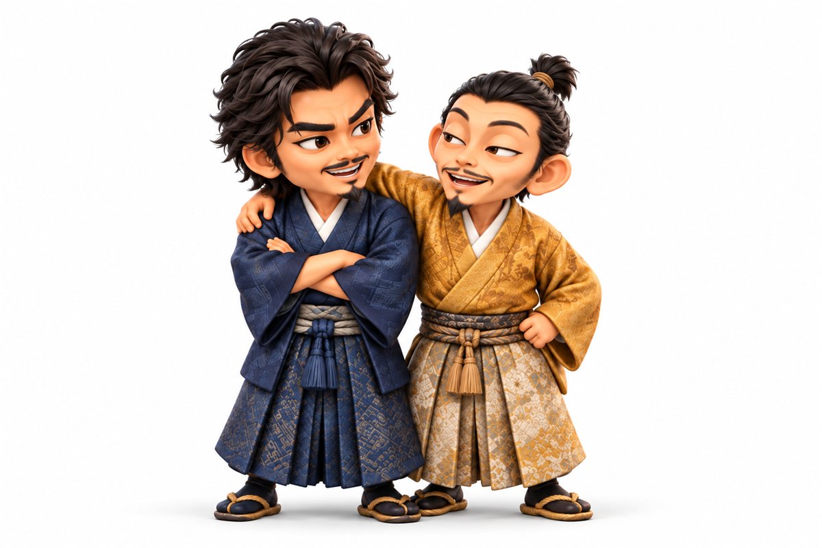 普段着の着物姿の前田利家と豊臣秀吉が、肩を組んで笑い合っているイラスト