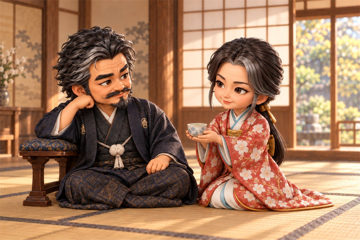 畳の部屋でひじかけにもたれる白髪まじりの前田利家に、妻のまつが湯のみを差し出しているイラスト