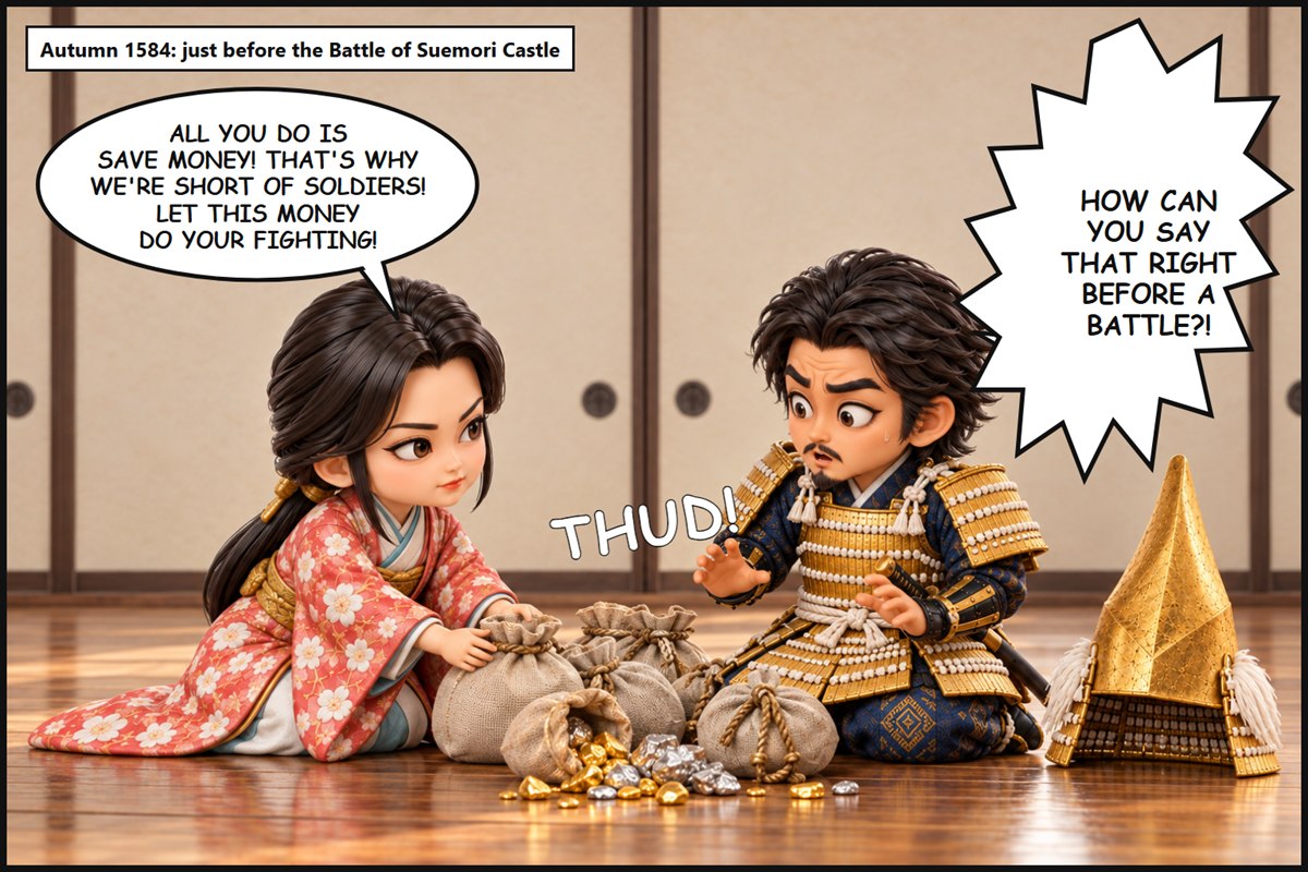 Manga panel. Matsu pushes bags of gold and silver toward Toshiie and says, 'All you do is save money! That's why we're short of soldiers! Let this money do your fighting!' Toshiie, in armor, cries, 'How can you say that right before a battle?!'
