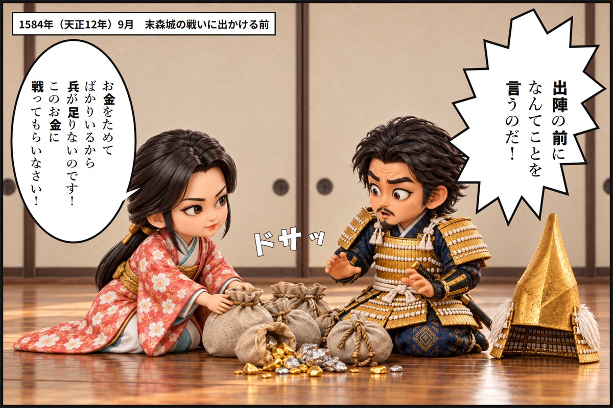 漫画のコマ。まつが金銀の入った袋を利家の前に押し出し「お金をためてばかりいるから、兵が足りないのです!このお金に戦ってもらいなさい!」と言い、甲冑姿の利家が「出陣の前に、なんてことを言うのだ!」と驚いている