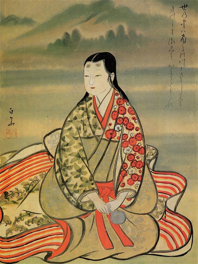 Seated portrait of Lady Tsukiyama in a patterned kimono, Sairai-in Temple