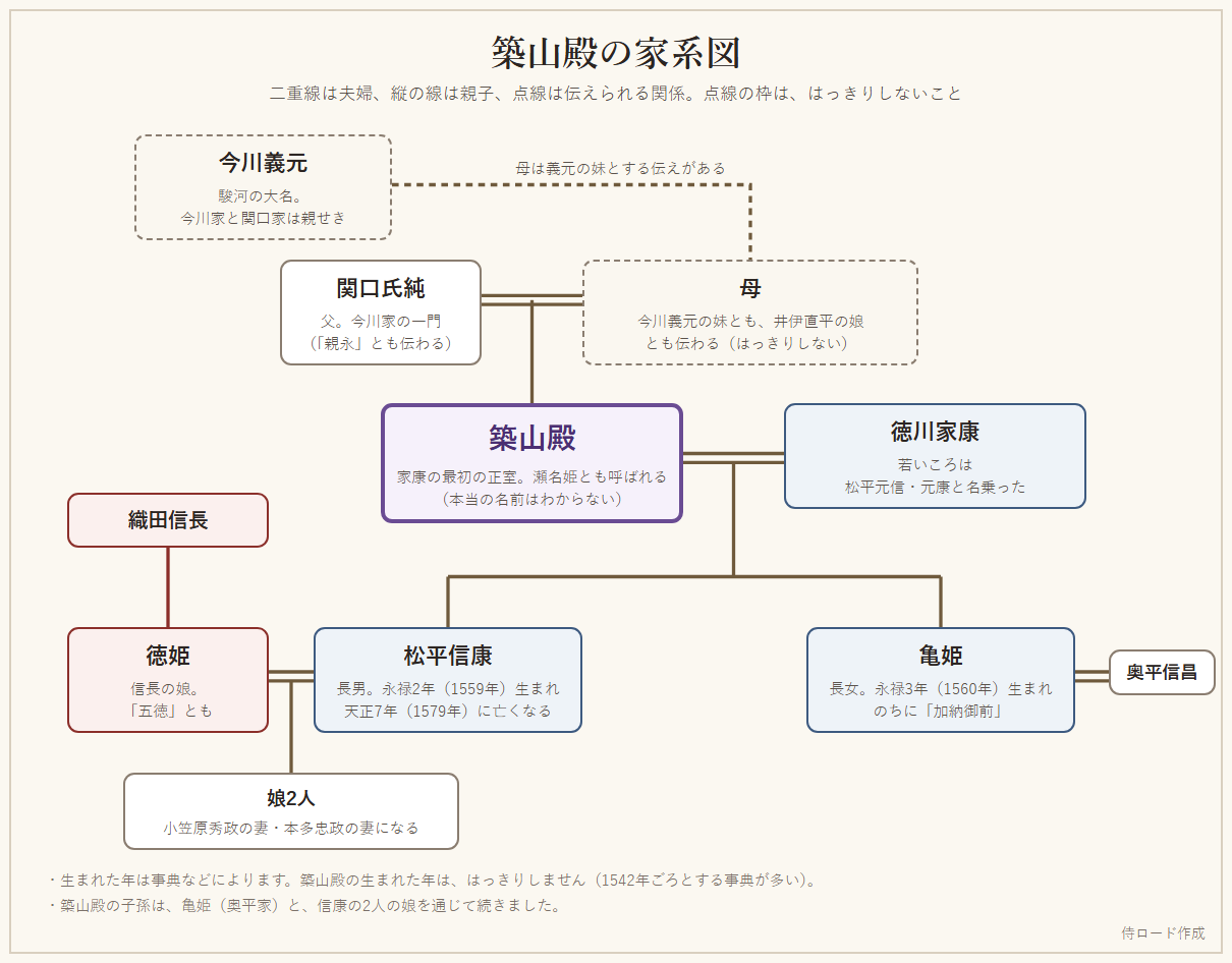 築山殿の家系図。父の関口氏純と母、夫の徳川家康、長男の松平信康と妻の徳姫、長女の亀姫と夫の奥平信昌、信康の娘2人を示している