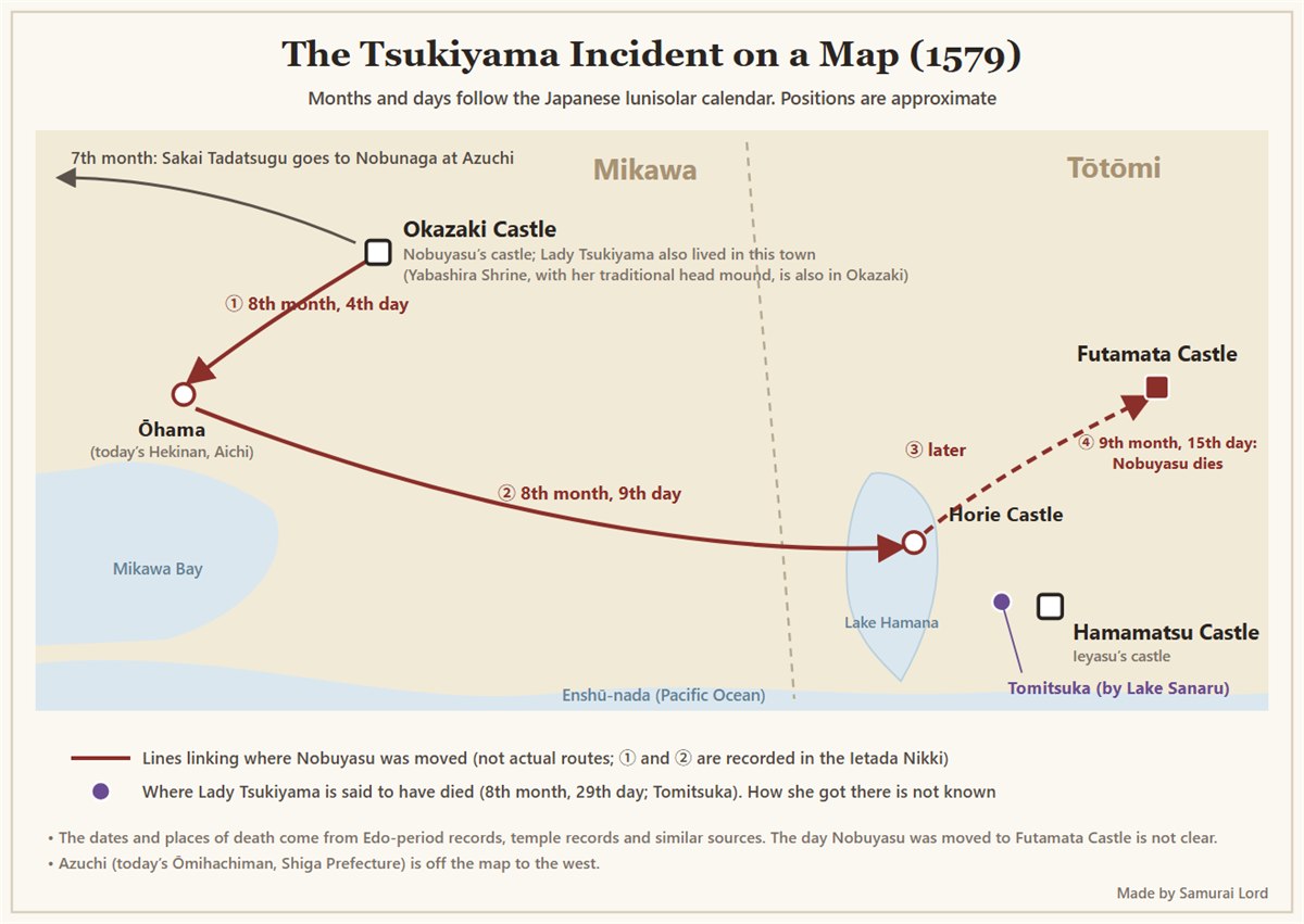 Map of the Tsukiyama incident, showing Nobuyasu moved from Okazaki Castle to Ōhama, Horie Castle and Futamata Castle, and Tomitsuka near Hamamatsu, where Lady Tsukiyama is said to have died
