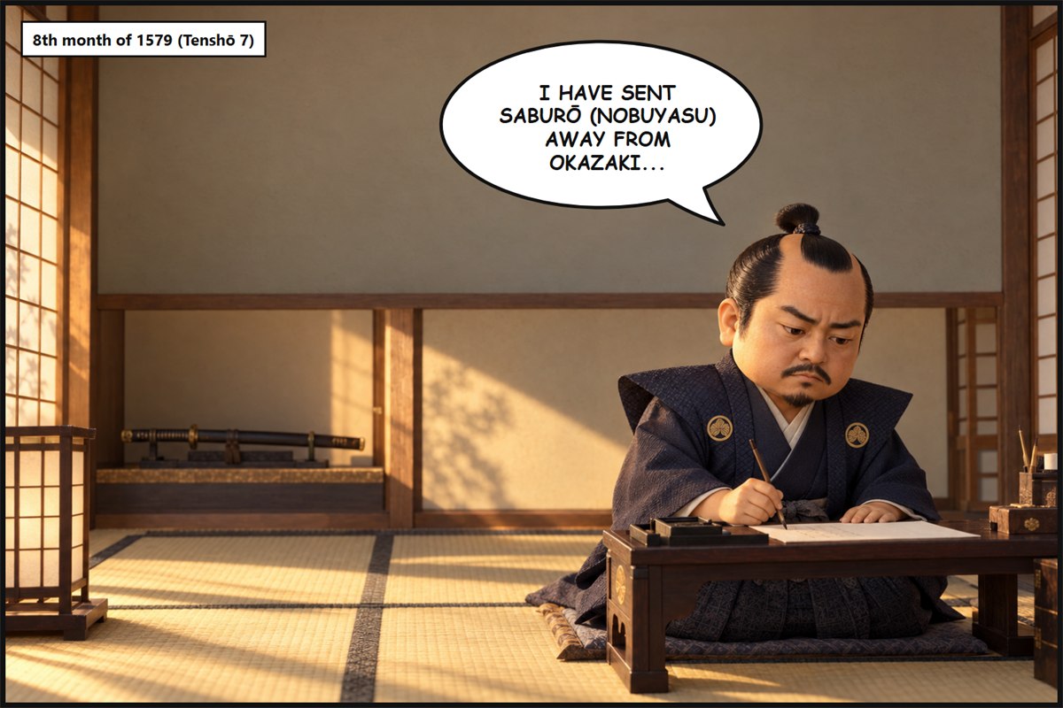 Manga panel. In a room of a castle, Tokugawa Ieyasu sits at a low desk writing a letter and says, 'I have sent Saburō (Nobuyasu) away from Okazaki...'