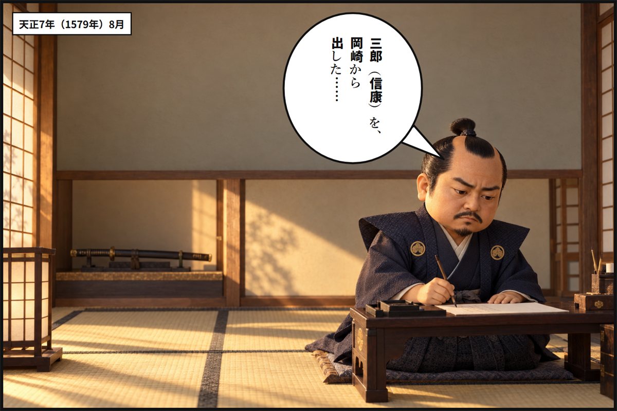 城の一室で、文机に向かって手紙を書く徳川家康の漫画のコマ