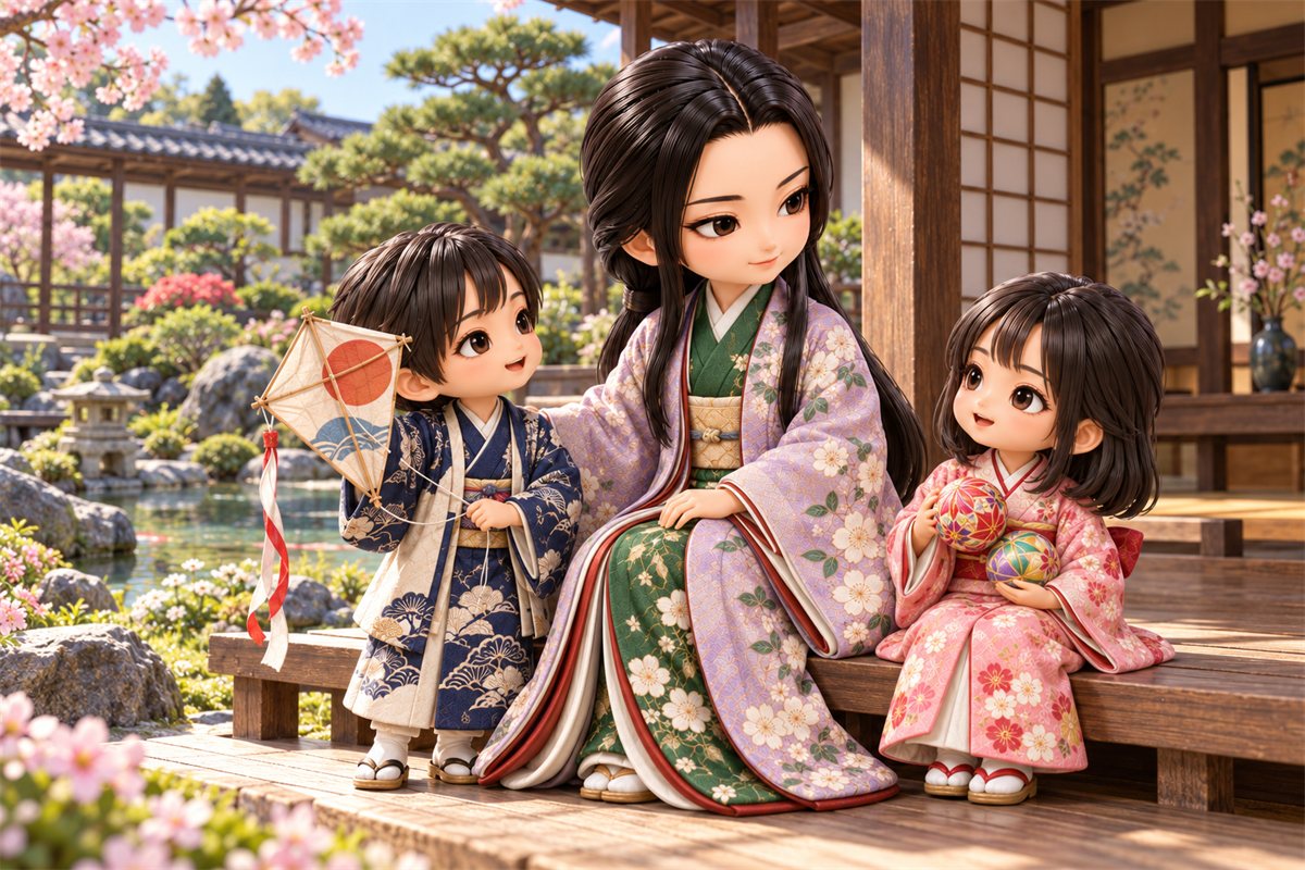 武家屋敷の庭の縁側で、凧を持つ男の子と手まりを持つ女の子にほほえむ築山殿のイラスト