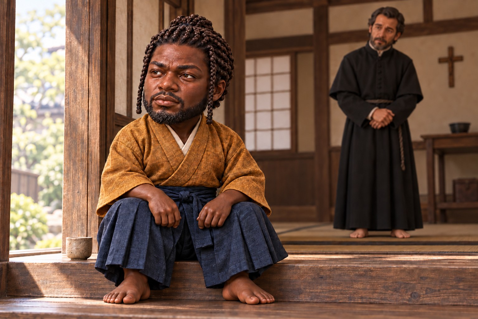 Illustration of Yasuke sitting quietly on a step inside a building, with a Jesuit missionary standing in the background
