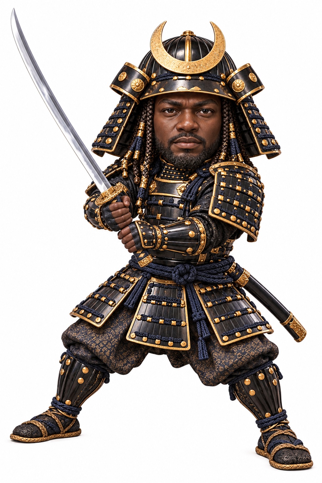 Illustration of Yasuke in black armor and a helmet with a crescent crest, holding a sword ready to fight