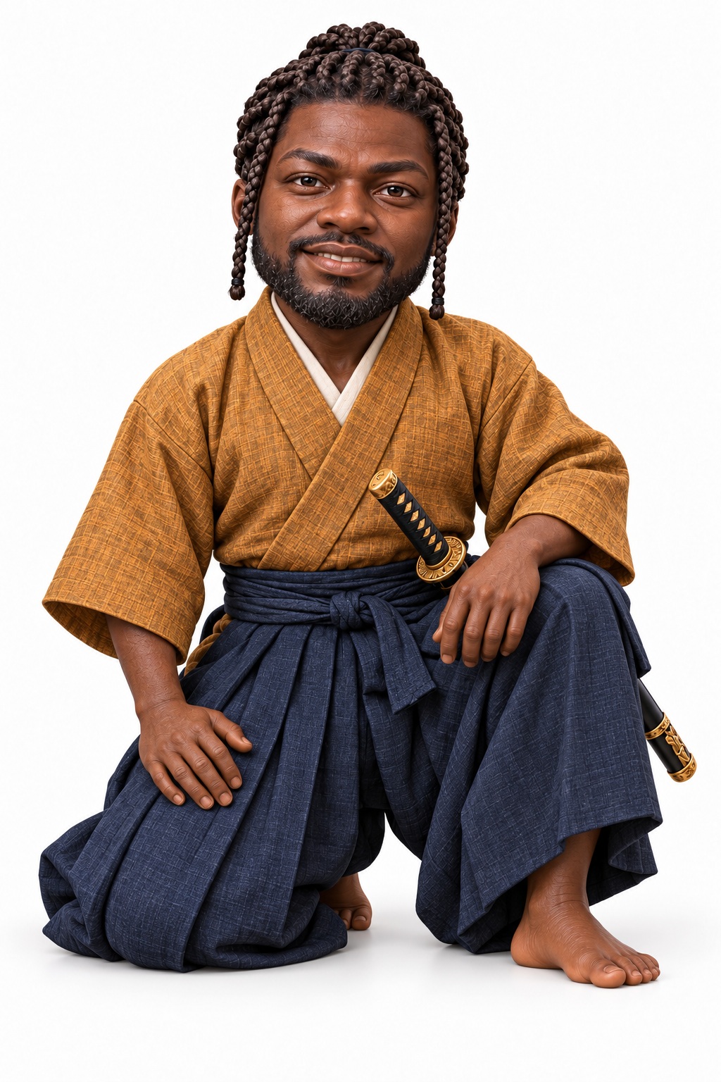 Illustration of Yasuke in a kosode and hakama, kneeling on one knee and smiling