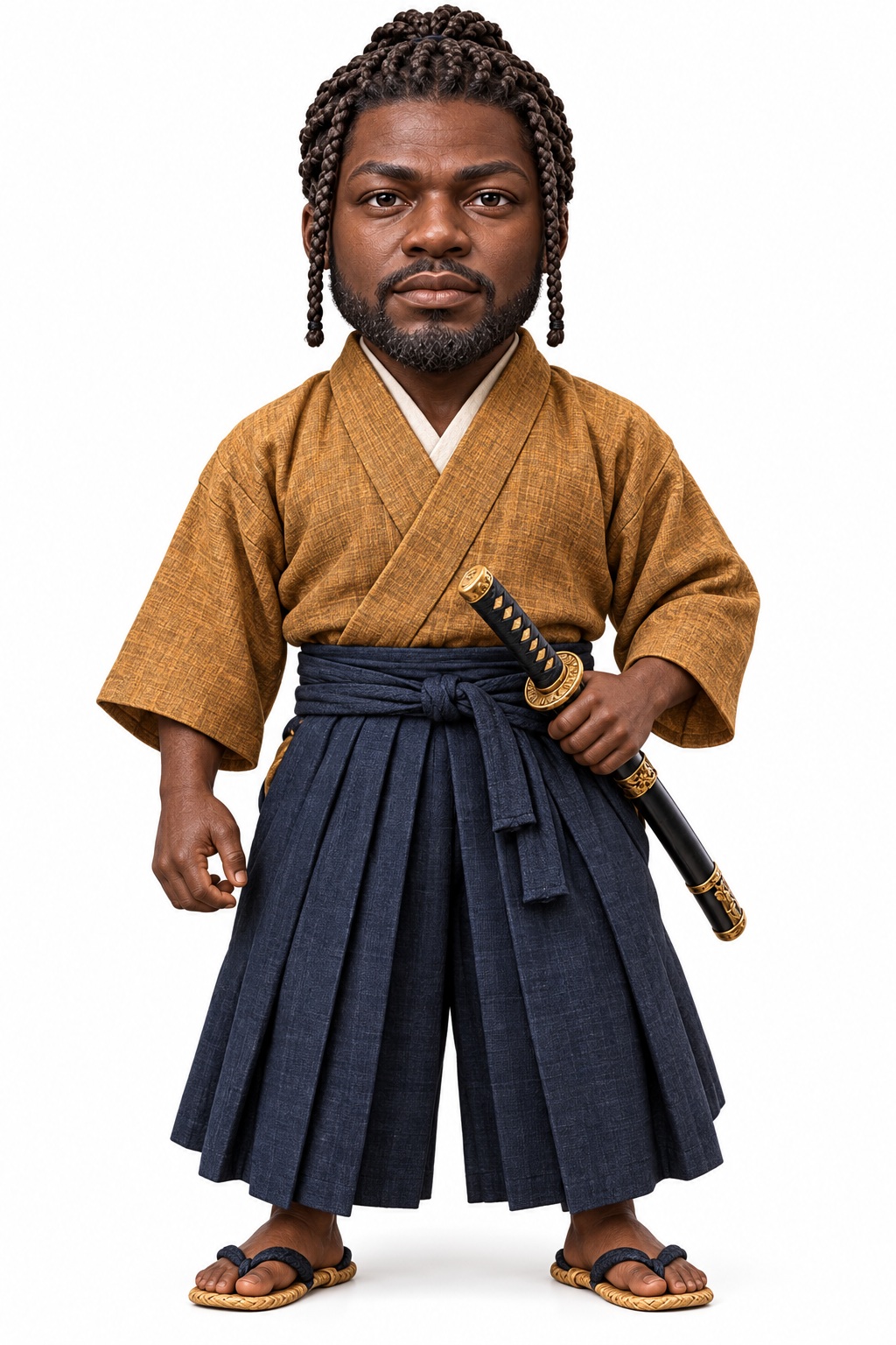 Illustration of Yasuke standing in a kosode robe and hakama, holding a short sword