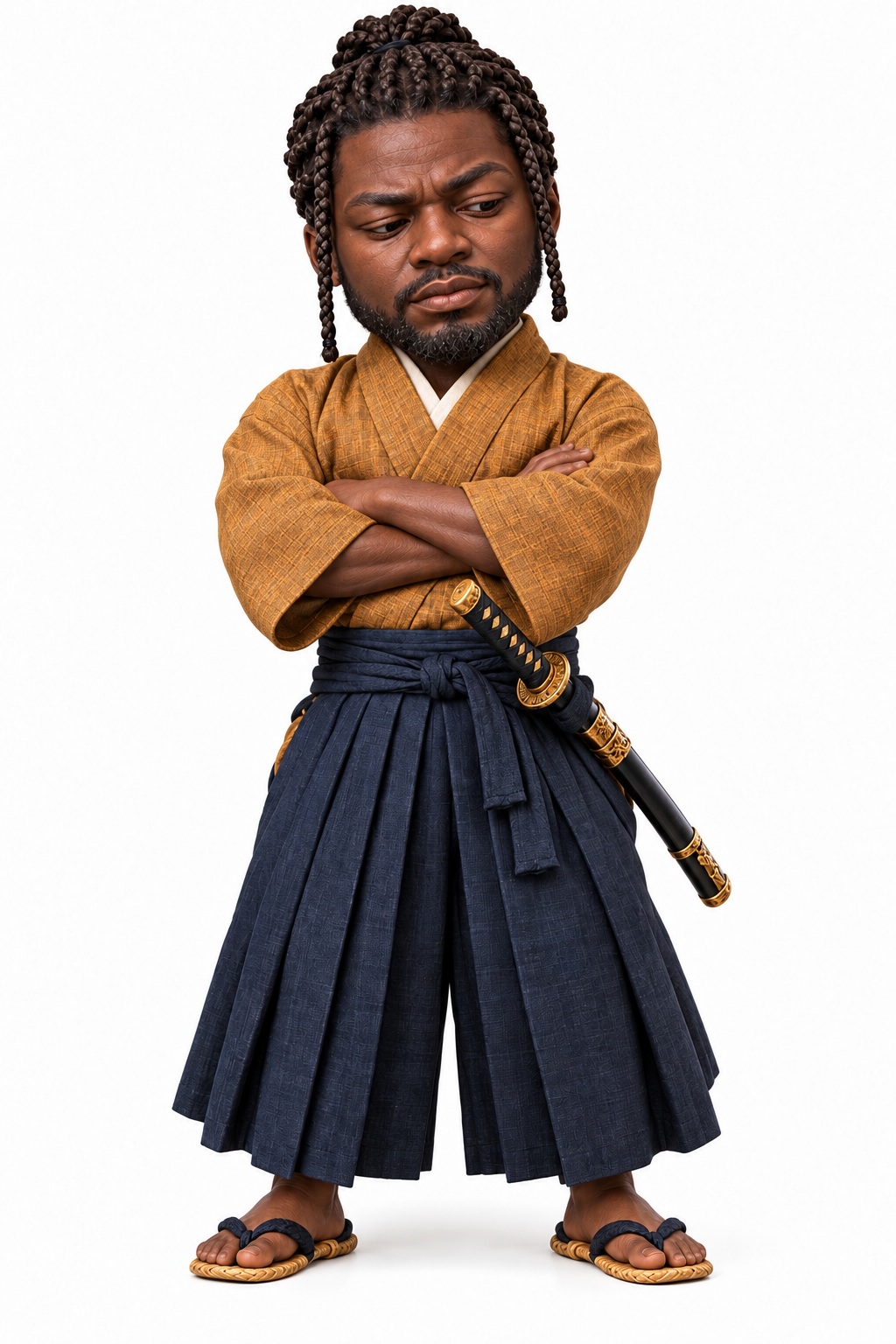 Illustration of Yasuke in a kosode and hakama, arms folded, deep in thought