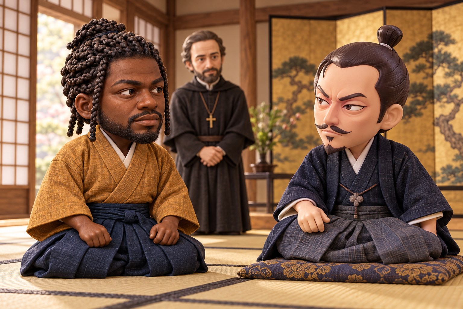 Illustration of Yasuke sitting face to face with Oda Nobunaga in a tatami room while a Jesuit missionary looks on