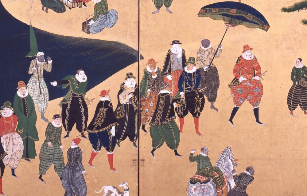 Detail of a Nanban folding screen showing a Portuguese procession, with an attendant who appears to be African holding a parasol over the captain
