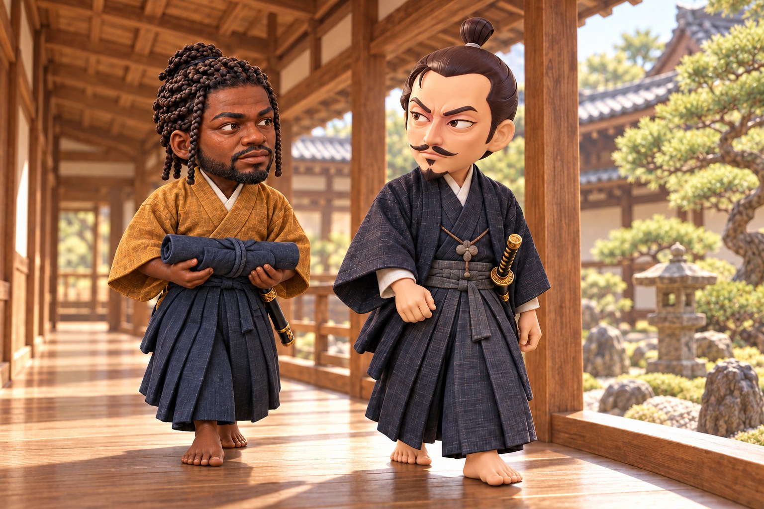 Illustration of Yasuke walking beside Nobunaga along a wooden corridor, carrying a cloth-wrapped bundle in both hands