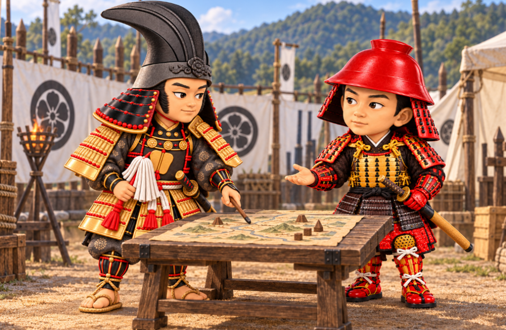 Illustration of Takenaka Hanbei and Kuroda Kanbei discussing a map on a table in camp
