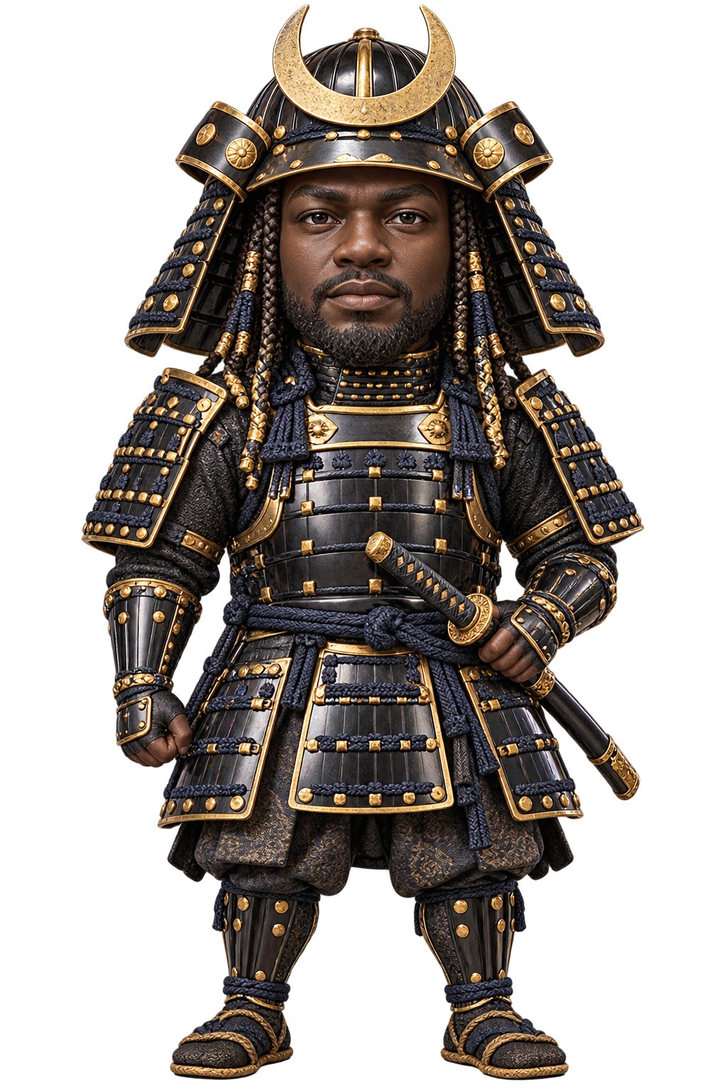 Illustration of Yasuke standing in black armor and a helmet with a crescent crest, holding a sword