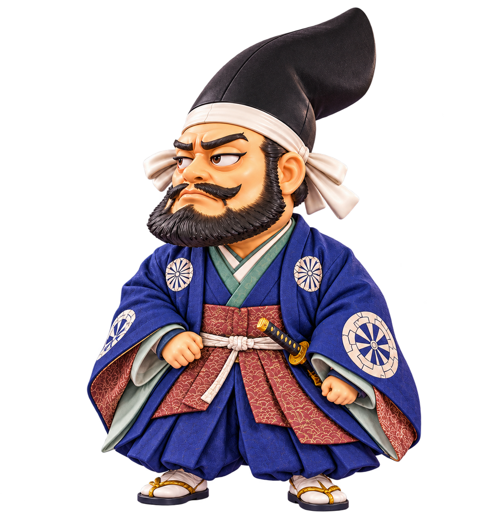 Illustration of Araki Murashige in a tall black court hat and blue robes
