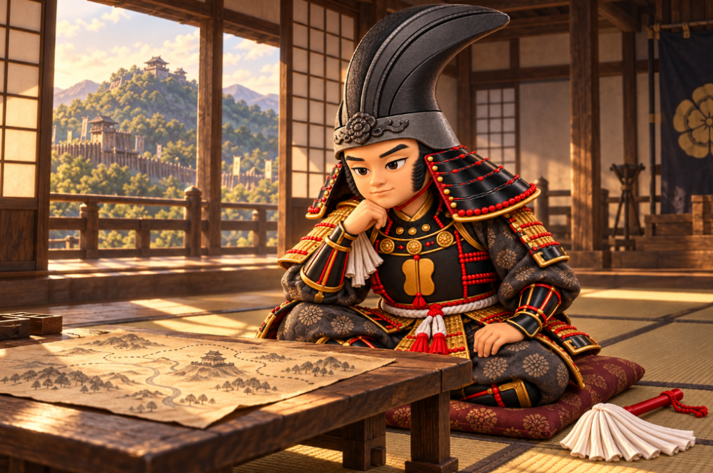 Illustration of Takenaka Hanbei deep in thought over a map, with a mountain castle in the distance